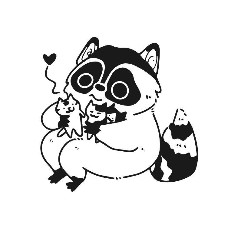 Raccoon hugging cats